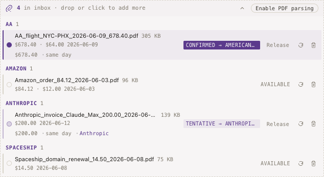 Crossfoot receipt inbox expanded, showing four PDFs grouped by vendor (AA, Amazon, Anthropic, Spaceship). Each item shows filename, extracted amount and date, and a state chip: Confirmed, Available, or Tentative with a match-evidence row of amount and date-delta.