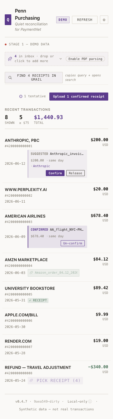 The Crossfoot side panel rendering fixture data: a Suggested receipt match with $200.00, same day, Anthropic; a Confirmed AA flight match; a ✓ Receipt row; and a queue showing 1 tentative ready to upload.